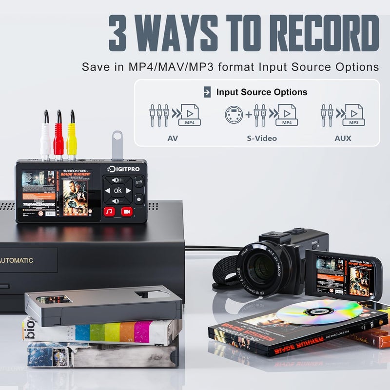 DigitPro Store محول VHS إلى رقمي 2.0، مسجل فيديو رقمي عالي الدقة مع جهاز تحكم عن بعد، تحويل تسجيل الفيديو والصوت التناظري من VHS/VCR، DVR/DVD/Hi8/مشغلات Mini DV/كاميرا الفيديو إلى رقمي (تحتاج إلى مشغلات) - Image 2